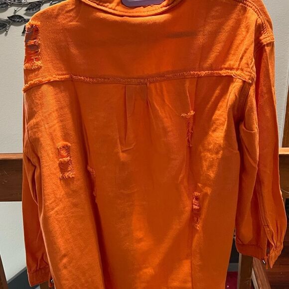New Orange Distressed HI/Low Button-Up Shirt Great Layering Top. #055 - Picture 6 of 8